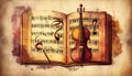 Violin and sheet music score book background with an abstract vintage distressed retro texture Royalty Free Stock Photo