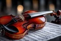 Violin on Sheet Music with Soft Lighting Royalty Free Stock Photo