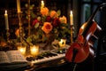 A violin sits gracefully on top of a piano, accompanied by softly lit candles, creating a romantic ambiance, An intimate