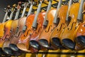 Handmade violins in the store Royalty Free Stock Photo