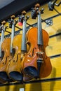 Handmade violins in the store Royalty Free Stock Photo