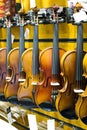 Handmade violins in the store Royalty Free Stock Photo