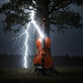 Violin split by lightning near a tree at night during a thunderstorm. Royalty Free Stock Photo