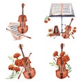 Violin, string instrument, metronome, music stand, sheet music, marigold flowers. Collection of classical music hand drawn design