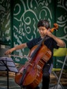 Violin student playing at Davis farmers market