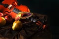 Violin and theatrical mask on the fabric next to juicy fruit, Dutch still life Royalty Free Stock Photo