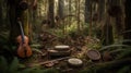 A violin and various musical instruments harmonizing amidst the serenity of the forest Royalty Free Stock Photo