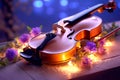 violin with a wreath of violets wrapped around it. with a beautiful background