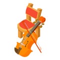 Violine icon isometric vector. Bowed musical instrument near wooden chair icon
