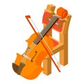 Violine icon isometric vector. Bowed musical instrument near wooden chair icon