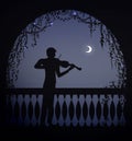 Violinist in the arch of a balcony at romantic dark night, romantic melody character, silhouette, shadows,