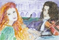 Violinist And Ginger Girl In Venice, Watercolor Drawing