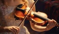 Violinist playing, musician hand holds bow, close up of performance generated by AI