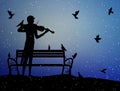 Violinist plays under the snow in the park with pigeons, violin dreamer, first snow nostalgic memories, silhouette,