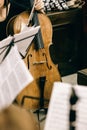 Violoncello held by a musician during a break at a classical music concert