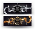 VIP banners with gold and silver curly sparkling ribbons.