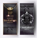VIP black elegant invitation cards with floral design background, vintage frames, crowns and silk ribbons.
