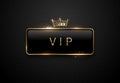 Vip black label with golden frame sparks and crown on black background. Dark premium template. Vector illustration. Royalty Free Stock Photo