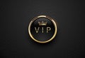 Vip black label with round golden ring frame and crown on black geometric background. Dark glossy premium template. Vector luxury