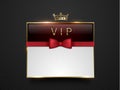 Vip dark red glass label with golden frame, crown and red bow tie on black silk geometric background. White text place. Premium