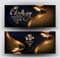 VIP elegant invitation cards with gold ribbons and gold dust. Royalty Free Stock Photo