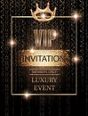 VIP event Invitation card with gold serpentine, crown and frame . Royalty Free Stock Photo