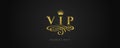 VIP - Glitter gold logo with crown and flourishes element on black background. Royalty Free Stock Photo