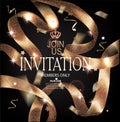 VIP gold luxury invitation cards with sparkling curly ribbons. Royalty Free Stock Photo