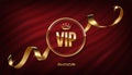 VIP golden circle frame invitation with wavy silk ribbon on curtain vector illustration. Realistic 3d exclusive premium Royalty Free Stock Photo