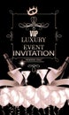 Vip invitation banner with bottles and glasses of champagne, air balloons, ribbons.