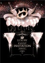 Vip invitation banner with glasses of champagne, air balloons, ribbons.