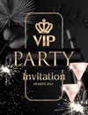 VIP invitation card with monochrome tropical leaves and goblets and bottle of champagne.