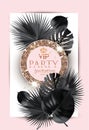 VIP invitation card with monochrome tropical leaves and gold frame with sparklers.