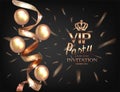 VIP invitation card with realistic beautiful curly gold ribbon and confetti and air balloons. Royalty Free Stock Photo