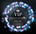 VIP invitation card with silver sparkling background and defocused lights. Royalty Free Stock Photo