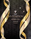 Vip invitation card withgolden ribbons and background with circle pattern.