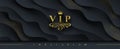 VIP invitation template - Glitter gold logo with crown and flourishes element on abstract layered black background.