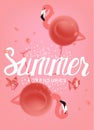 Summer coral colored banner with abstract flamingos, fishes and drops of water.