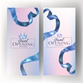 Grand opening banners with blue textured ribbons.