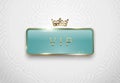 Vip light green glass label with golden frame sparks and crown on white background. Premium glossy template. Vector luxury Royalty Free Stock Photo