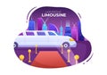 VIP Limousine Car of Red Carpet for Celebrity Superstar Walk with Night City Landscape View in Flat Cartoon Illustration