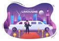 VIP Limousine Car of Red Carpet for Celebrity Superstar Walk with Night City Landscape View in Flat Cartoon Illustration Royalty Free Stock Photo