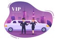 VIP Limousine Car of Red Carpet for Celebrity Superstar Walk with Night City Landscape View in Flat Cartoon Illustration Royalty Free Stock Photo