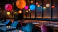 In a VIP lounge area lowlevel lighting casts soft shadows against the leather couches and velvet chairs. Glowing orbs of