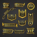 VIP  luxury  premium quality labels design set. Emblems  badges in gold and black colors Royalty Free Stock Photo