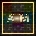 Vip neon icon. ATM neon sign. ATM neon logo on the dark brick wall background. Flat style. Vector illustration Royalty Free Stock Photo