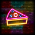 Vip Neon Icon. Cute Vip Neon Piece Of Cake On The Dark Brick Wall Background. Flat Style. Vector Illustration