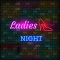 Vip Neon Icon. Cute Vip Neon Ladies Night Inscription With Red Slipper On The Dark Brick Wall Background. Flat Style Royalty Free Stock Photo