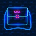 Vip Neon Icons Concept. Cute Vip Neon Mailbox On The Dark Brick Wall Background. Neon Glowing Mailbox Sign. Flat Style