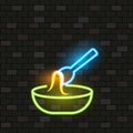 Vip Neon Icons. Night Bright Signboard, Glowing Light Banner. Neon Chinese Noodle Soup On Dark Brick Wall. Neon Lighting